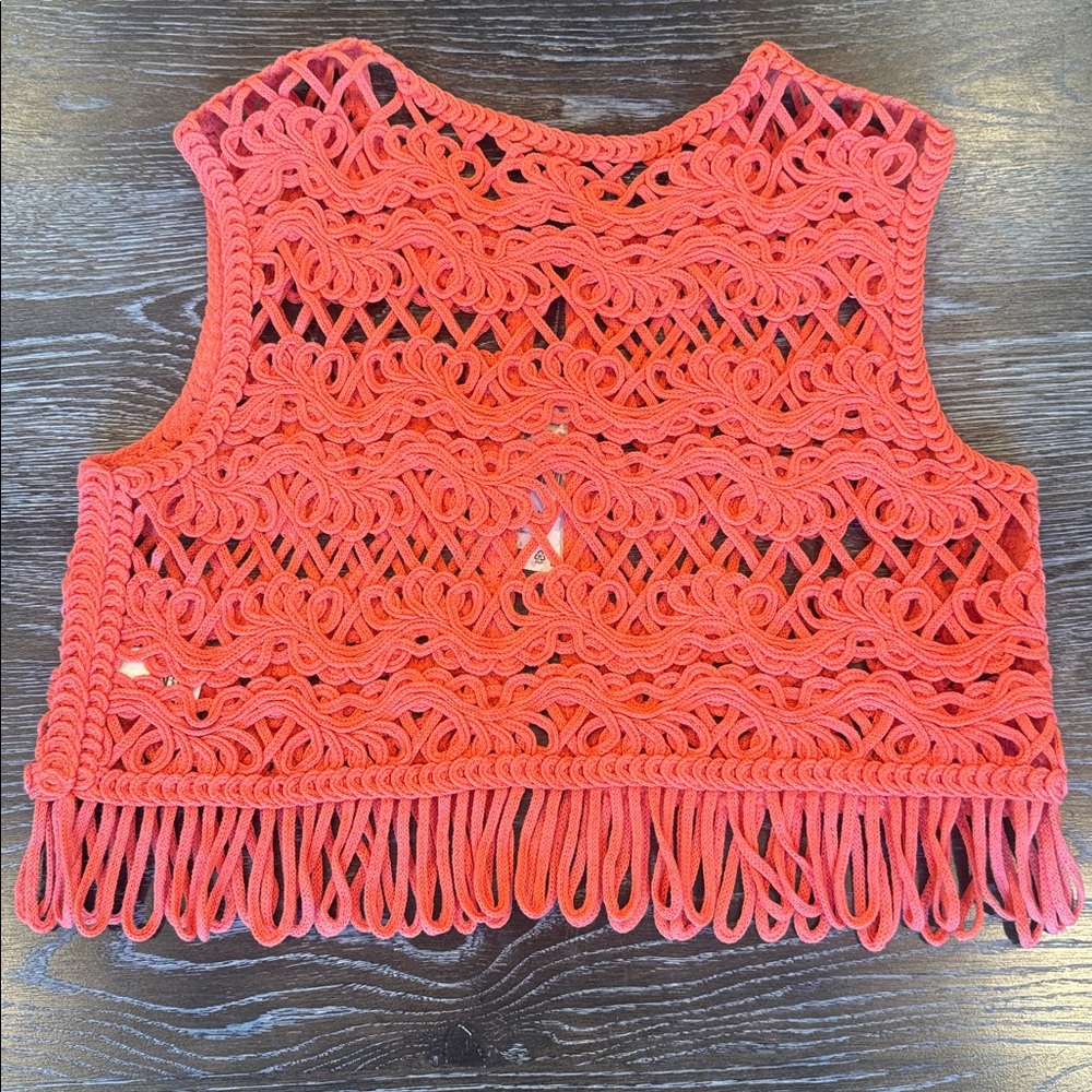NWT Zara Crocheted Vest Fringe Orange Size M - Picture 2 of 9